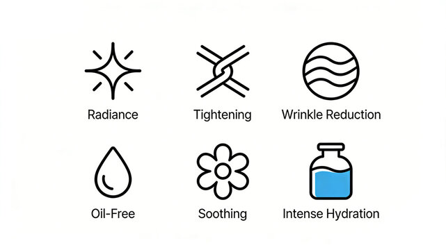 The brightening, firming, and wrinkle reducing moisturizing icons represent the effects of skincare products on brightening the skin, firming and reducing wrinkles, oil-free soothing, 