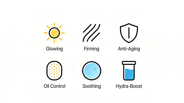 The icon of brightening, firming and anti-aging oil control represents the daily efficacy of basic skin care products to glow, firm, anti-aging, control oil, soothe and moisturize.
