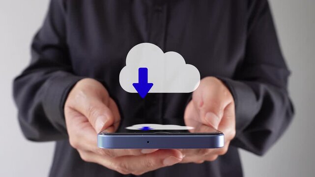 Businesswoman holding her cell phone with a virtual cloud animation with upload and download arrows