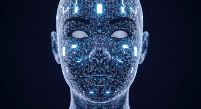 Futuristic Artificial Intelligence Cybernetic Human Face with Glowing Circuitry