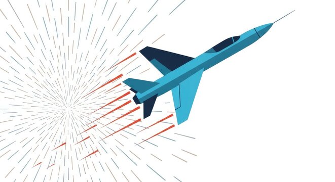 Blue Jet Fighter Aircraft Flying Fast with Speed Lines on White Background.
