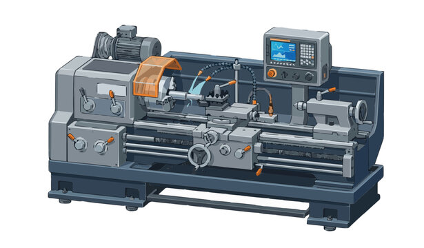 Industrial CNC Metal Lathe Machine Vector Illustration for Manufacturing and Engineering Workshops