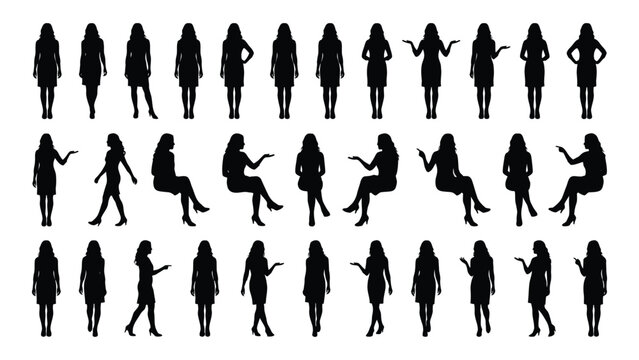 Collection of female silhouettes in various poses against a white background silhouette