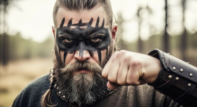 Fierce Viking Warrior with Black Face Paint and Leather Bracer
