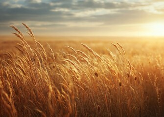 Obraz premium Golden Wheat Field at Sunrise with Soft Light and Gentle Breeze Under a Cloudy Sky