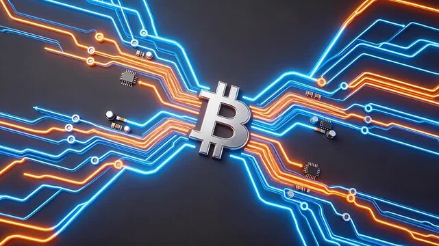 Bitcoin symbol with glowing circuitry