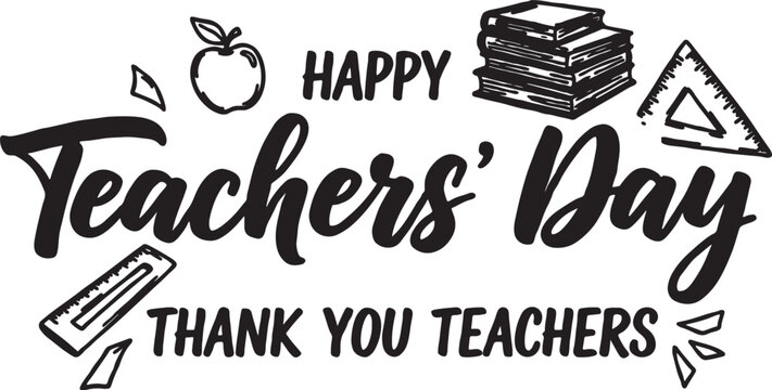 Happy teachers day celebration typography with school supplies teachers education supplies geometry triangle learning classroom teaching appreciation celebration typography