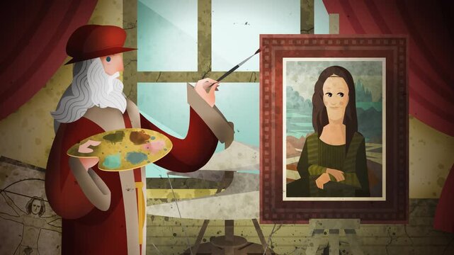 renaissance painter creating portrait in workshop with inventions