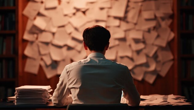 Investigator and detective analyzing evidence on a cluttered wall of documents
