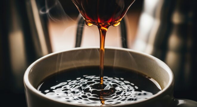 Freshly Brewed Coffee Pouring into a Ceramic Mug, Close-Up Shot.