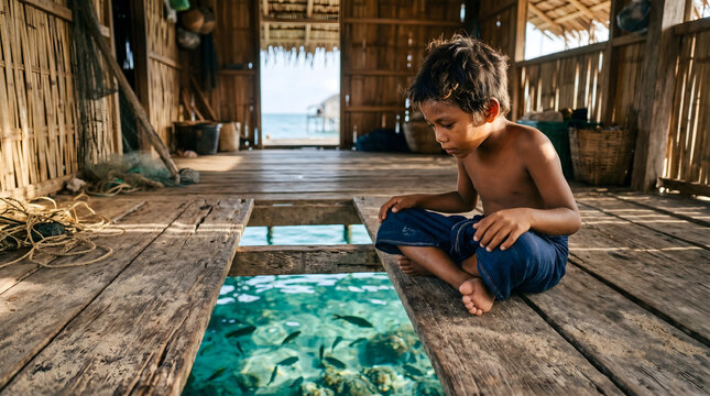 A young boy from a traditional sea nomad community sits inside a rustic stilt house looking at tropical fish through floorboards.