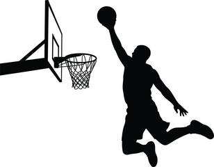 Basketball player dunking ball in hoop silhouette for sports competition game action. © Iconic lab 