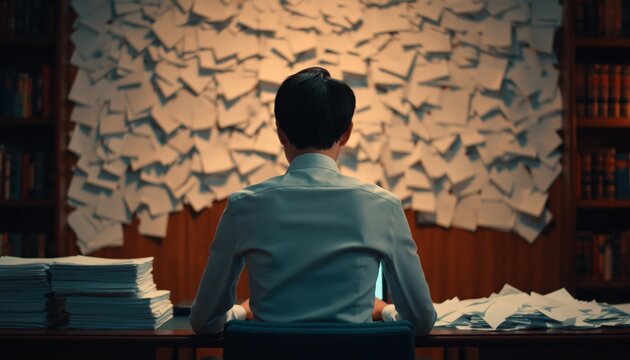Workload and overwhelmed man in library surrounded by stress papers and documents