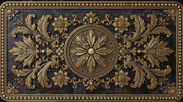 Ornate Antique Golden Floral Scrollwork Panel with Intricate Detailing and Decorative Border