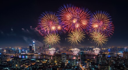 Obraz premium Fireworks exploding over city skyline at night
