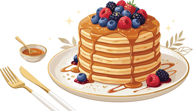 Yummy homemade buttermilk pancakes dessert tower with fruit topping and maple syrup bowl isolated on white background