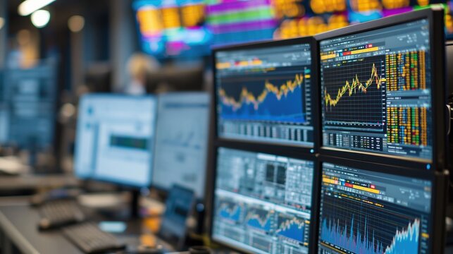 Modern Stock Market Trading Floor with Multiple Monitors Displaying Financial Charts and Data