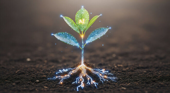 Small green plant seedling growing from soil with glowing electronic circuit board roots and ai leaf icon representing precision agriculture artificial intelligence and sustainable bio technology.