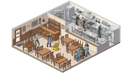Obraz premium People disinfecting gym equipment and interior with cleaning supplies in an isometric scene