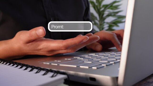 Close-up of a businesswoman's hands working on her laptop while holding an animation of a text field for writing a prompt for artificial intelligence.