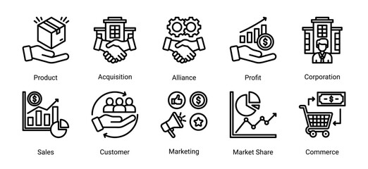Fototapeta premium Business growth icon set featuring marketing,sales,customer,commerce,profit and corporate strategy vector collection