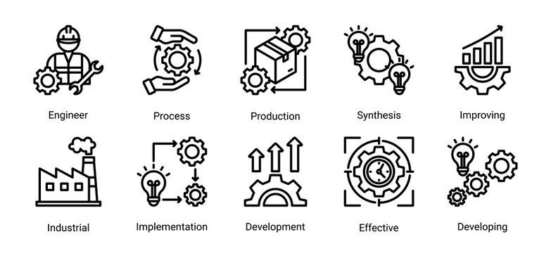 Industrial system icon set featuring engineering,production,implementation,process improvement and industrial development vector collection