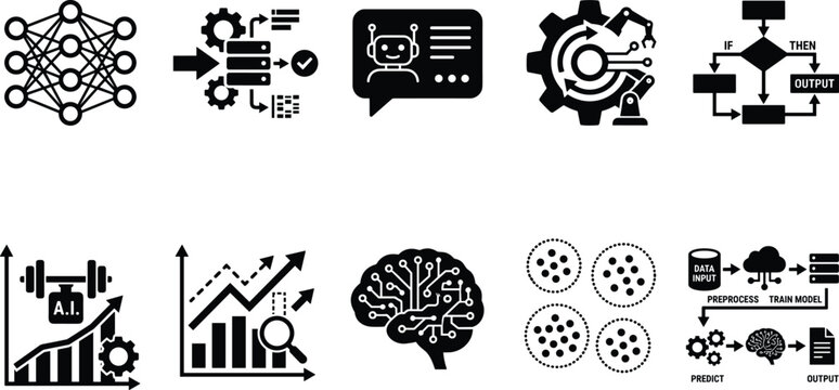 Deep machine learning algorithm and database processing icon collection with mechanical robotic arm brain microchip and analytics