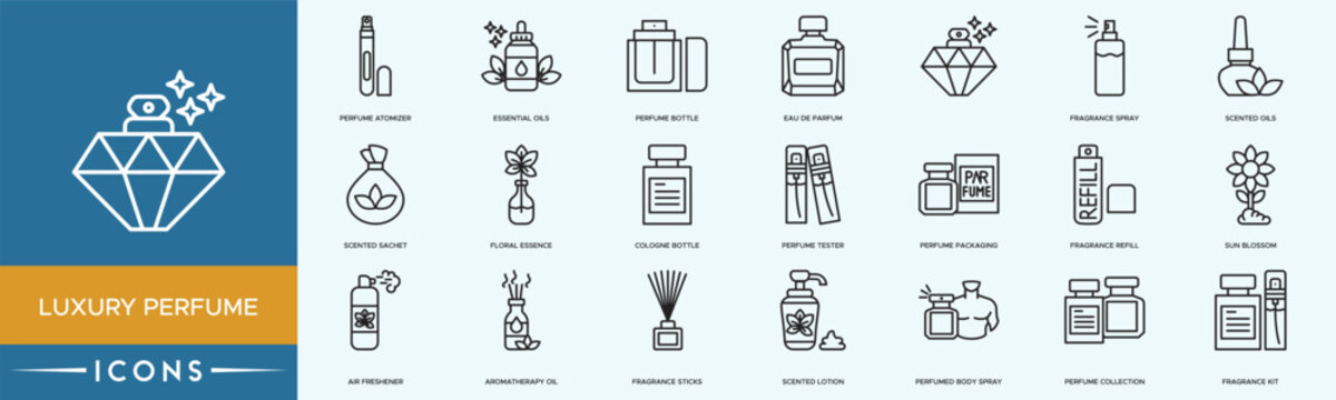 Luxury Perfume icon set. Perfume Bottle, Fragrance Spray, Essential Oils, Scented Candle and Aroma Diffuser
