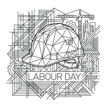 Labour day construction worker helmet line art design with scaffold and crane tower.
