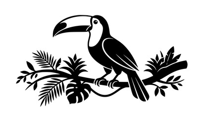 Black and white exotic jungle wildlife illustration with palm leaves and monstera. © Majedul