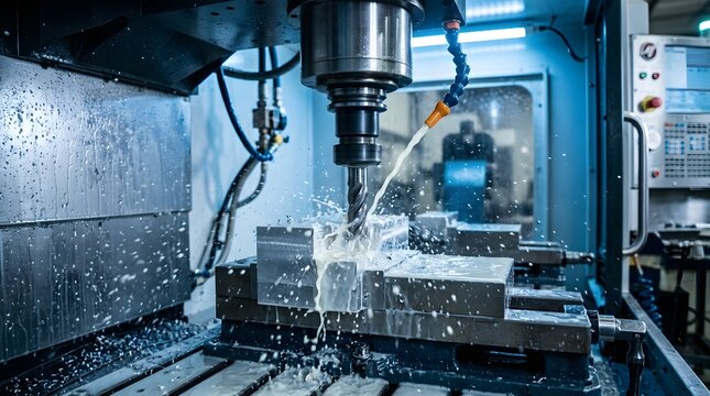 CNC Milling Machine Cutting Metal Part With Coolant Spray Industrial Manufacturing Engineering Automation And Precision Machining Concept