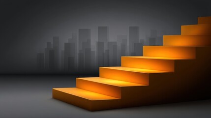 Fototapeta premium Staircase with Warm Orange Lights in Front of a Dark City Skyline Illustrating Concepts of Growth, Aspiration, and Progression with a Modern Aesthetic