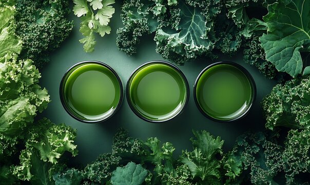 Vibrant green detoxifying juice nestled amidst fresh kale leaves composition
