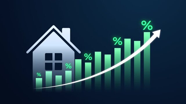 Real estate investment concept. House icon with bar chart, percent symbols and an upward arrow representing housing market growth, rising interest rates, mortgage trends and property value increase