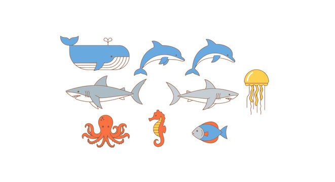 Collection of marine sea creatures including a whale dolphins sharks jellyfish octopus seahorse and a fish rendered in a stylized flat design perfect for educational materials or oceanic themes