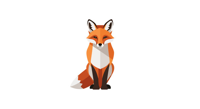 A stylized depiction of a cunning fox with alert ears and a bushy tail sits facing forward showcasing its natural orange and white fur pattern in a flat design art style with geometric shapes