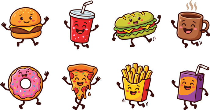 Funny restaurant cafe menu food stickers showing playful waving characters running and dancing isolated on white background