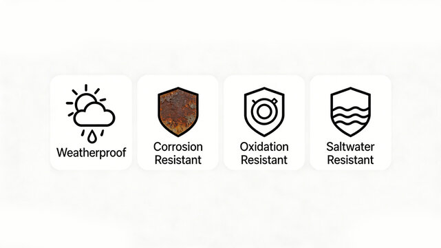 The shield icon is resistant to wind, rain, corrosion, and salt water, providing all-weather protection, rust and oxidation resistance, and adapting to marine environments for outdoor equipment.

