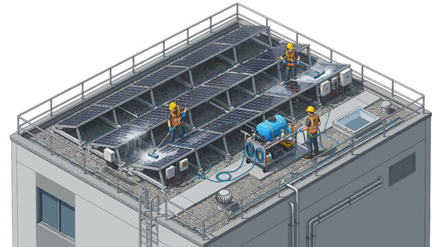 People wearing safety gear cleaning and maintaining rooftop HVAC systems and equipment with tools and machinery