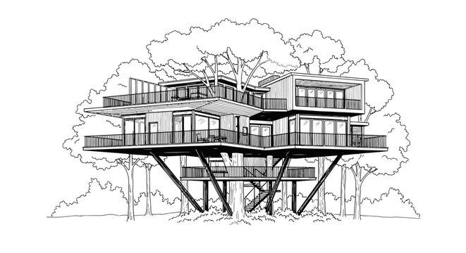 Detailed architectural line drawing of a contemporary multi-level treehouse, showcasing innovative modern design and eco-friendly living integrated within a natural environment