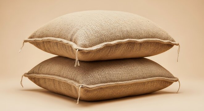 Two soft brown square decorative pillows stacked neatly on a solid warm peach color studio background. large burlap sack