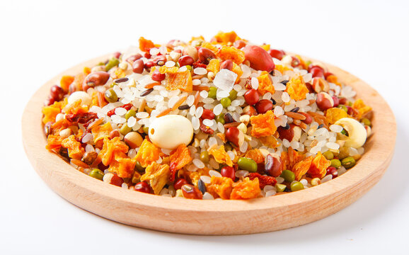 Mixed cereals grains nuts dried fruits wooden bowl healthy breakfast ingredients lapa congee nutrition wholesome food