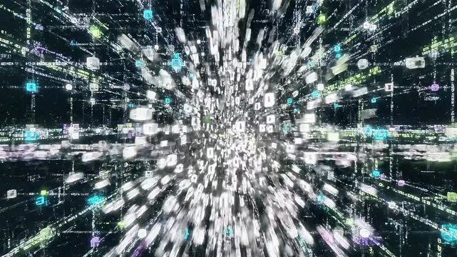A bright light shines at the center of a digital tunnel with colorful lights