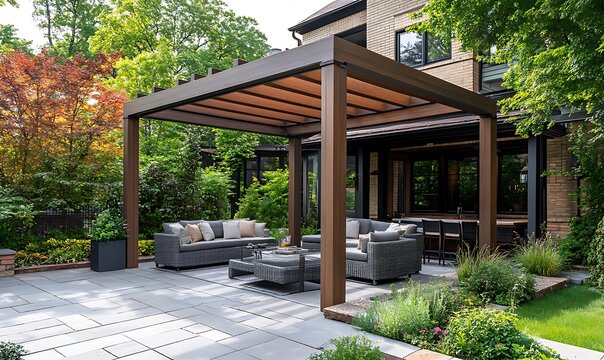 Modern outdoor living space featuring a pergola over a comfortable seating area
