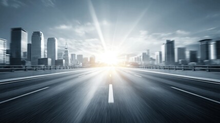 Obraz premium Bright Sunburst Over Modern Cityscape Highway Leading Towards Future Progress and Opportunity