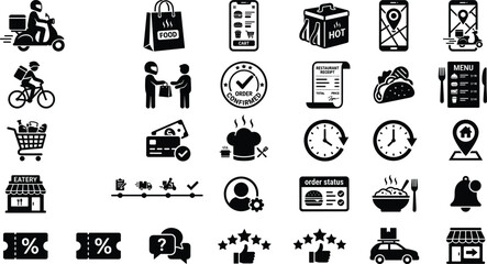 Restaurant takeaway ordering and grocery logistics icon collection with delivery bag receipt coupon shopping cart and store location © MSTSUFIA
