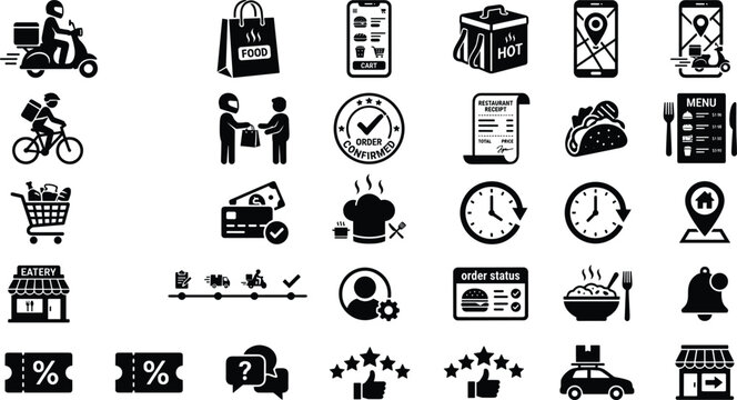 Restaurant takeaway ordering and grocery logistics icon collection with delivery bag receipt coupon shopping cart and store location
