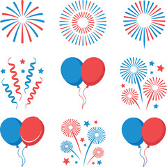 Patriotic celebration decoration collection vector illustration, fireworks balloons and confetti party symbols isolated background © Arif