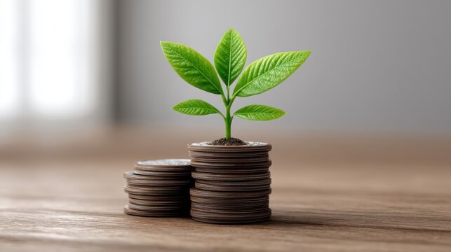 Growth of Nature and Wealth with Green Plant Emerging from Stacked Coins on Wooden Surface Representing Financial Prosperity and Sustainability