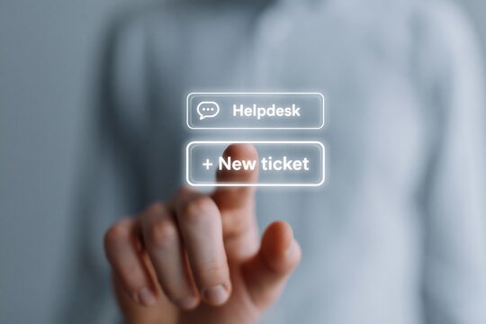 Helpdesk professional using digital interface for business support ticket service
